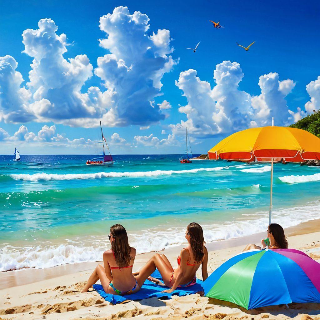 A lively beach scene featuring vibrant umbrellas and sunbathers in colorful bikinis, with crystal-clear waves gently lapping at the shore. Include a group of friends having fun, a beach ball in mid-air, and a distant sailboat on the horizon. The sky is a bright blue with fluffy white clouds, embodying a perfect summer day. super-realistic. vibrant colors. white background.