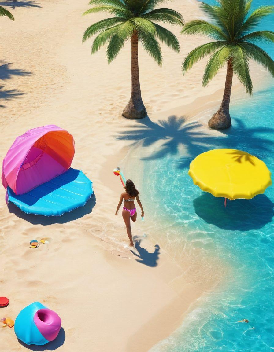 A lively beach scene with colorful beachwear, showcasing a variety of bikinis and playful beach games like beach volleyball and frisbee. Include cheerful people engaging in water activities, surrounded by palm trees and a bright blue sea. Add elements of playful splashes and sun-kissed skin to evoke a sense of adventure and fun. vibrant colors. tropical vibe. 3D.