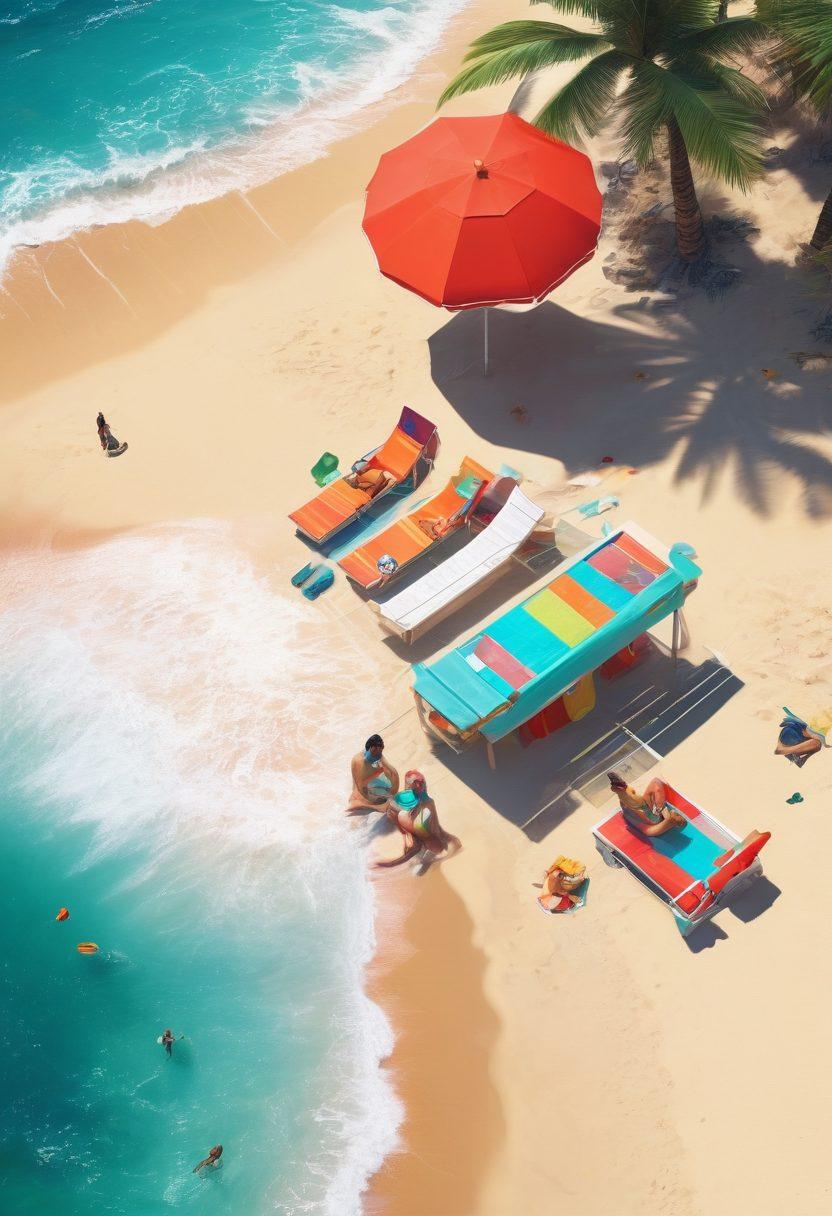 A vibrant beach scene with a digital twist, showcasing a mix of colorful swimwear and gaming elements. Incorporate playful waves that look like pixelated graphics and virtual beach umbrellas resembling gaming consoles. Include diverse characters, both in swimwear and gamer attire, enjoying the sun and surf together. Use bright, vivid colors to enhance the playful atmosphere. super-realistic. cyberpunk. vibrant colors.